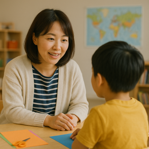 童発達支援・放課後等デイサービス アロー（千葉県八千代市）のスタッフと子どもたち。安心できる環境で一人ひとりの成長を支えるというアローの想いを表す写真