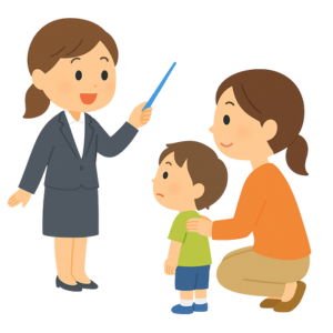 児童発達支援・放課後等デイサービス アロー（千葉県八千代市）の先生が子どもと関わる様子を表すイラスト。先生が優しく教え、親子が安心して学ぶ姿を描いた図